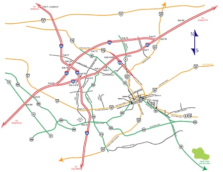 map of main roads near Spartanburg, SC